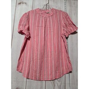 DNMX Red Gingham Ruffle Sleeve Button Back Top Shirt Women's L
